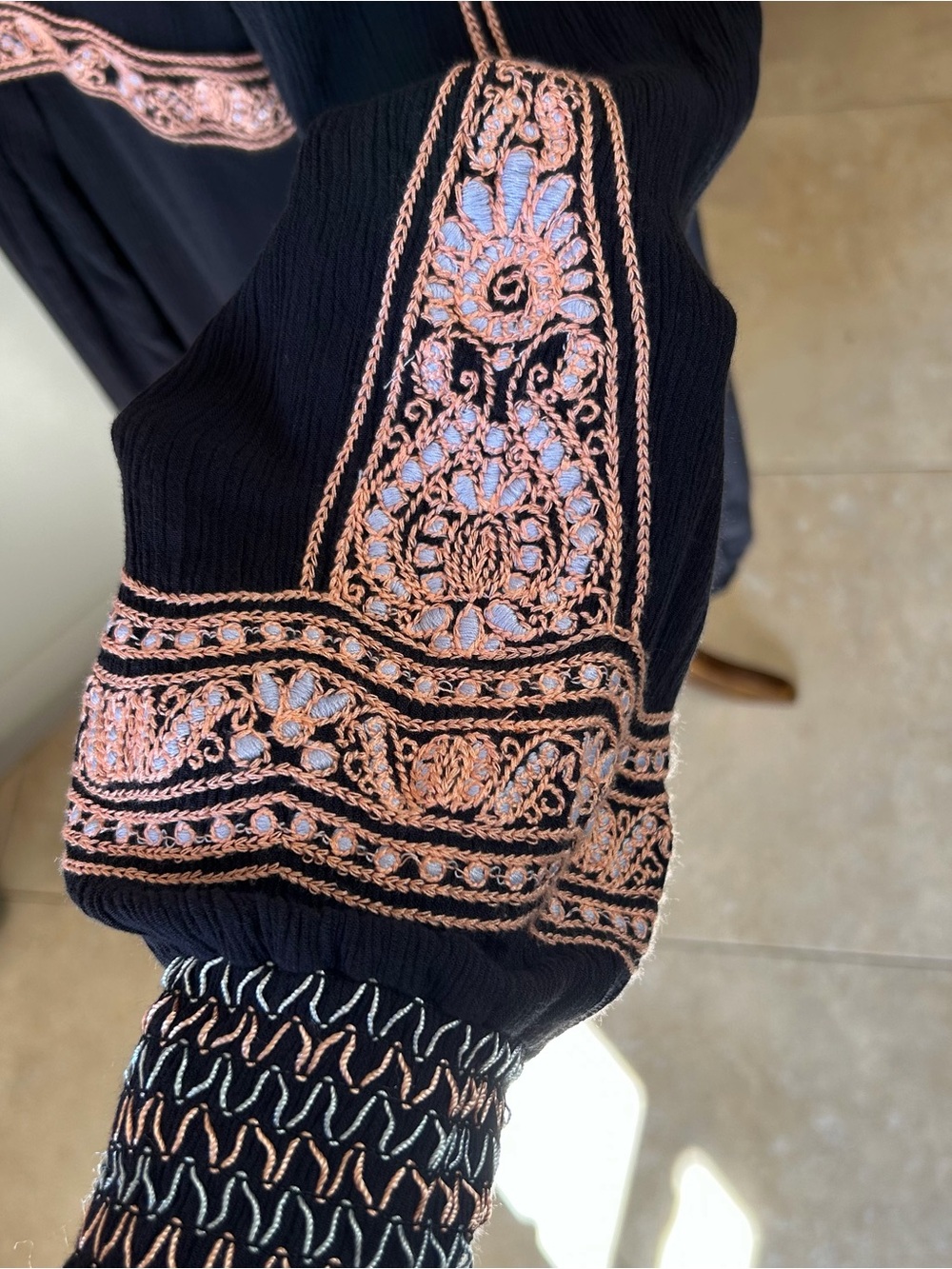 Free People Wind Willow Black Mini Dress LG Oversized Embroidered Tassel Boho - Picture 3 of 5